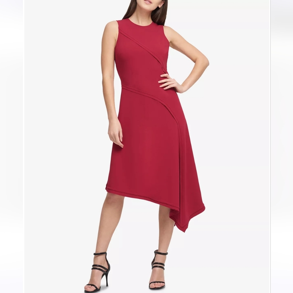 DKNY Asymmetrical Scuba Crepe Sleeveless Knee Length Dress
